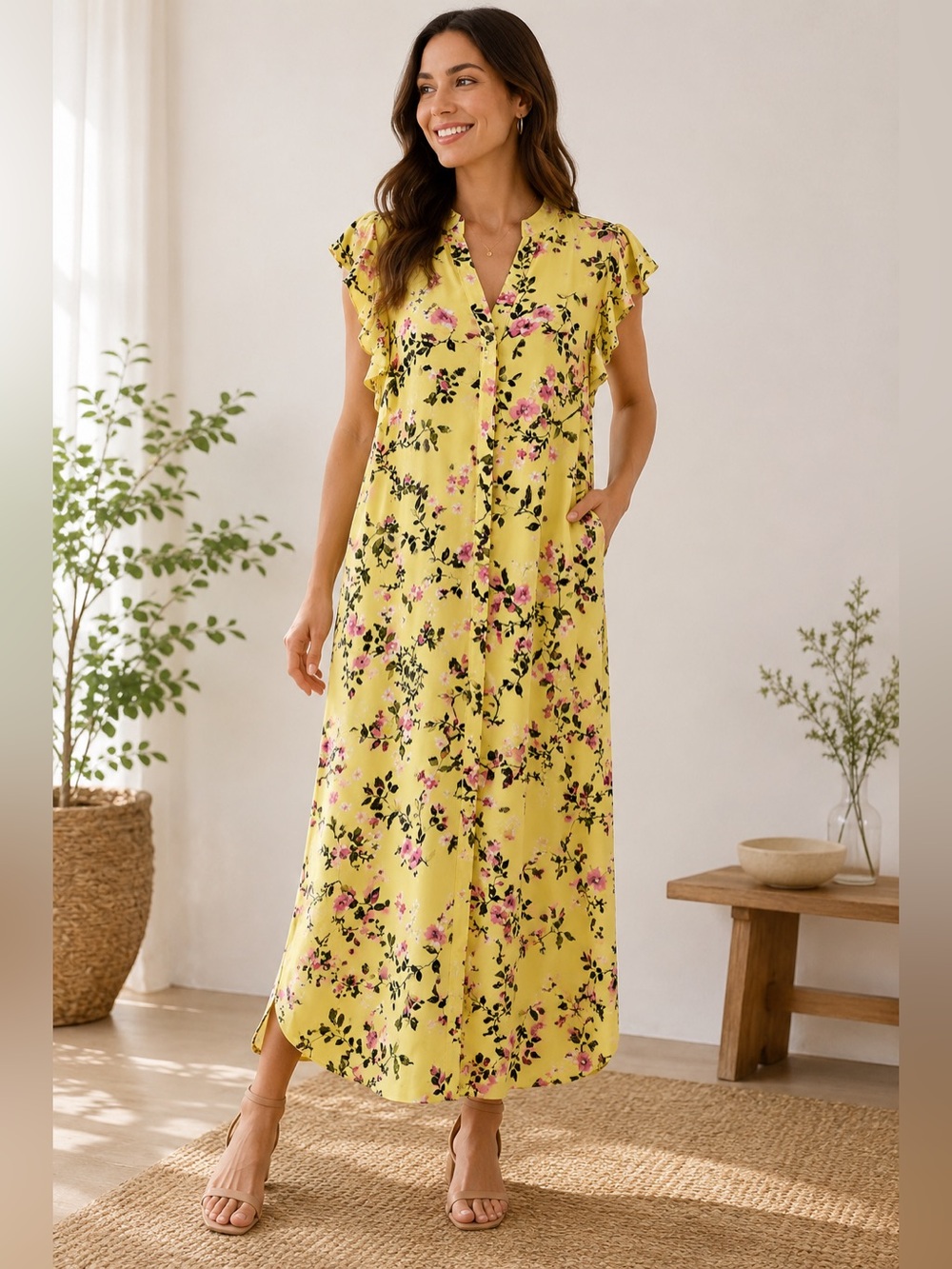 🌼 Maison Jules Yellow Floral Ruffle Button Front Sleeve Midi Dress – XL